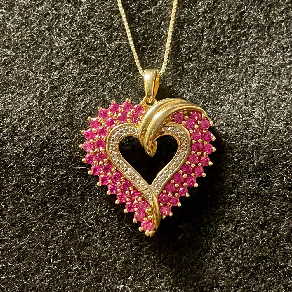 KRN 18k Yellow Gold Over Sterling Silver Lab Created Ruby Heart Necklace
